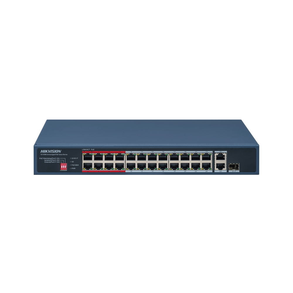 Switch PoE Hikvision - No Administrable - 24 Puertos 10 - 100 Mbps PoE+ - 1 Puerto Gigabit - DS-3E0326P-E/M(C)