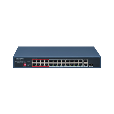 Switch PoE Hikvision - No Administrable - 24 Puertos 10 - 100 Mbps PoE+ - 1 Puerto Gigabit - DS-3E0326P-E/M(C)