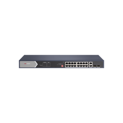 Switch PoE Hikvision - No administrable - 2 puertos RJ45 Gigabit - 2 puertos de fibra optica gigabit - DS-3E0528HP-E