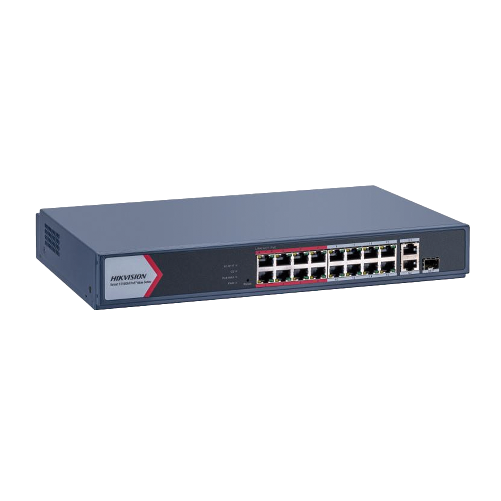 Switch PoE Hikvision - Switch Monitoreable 16 Puertos PoE 802.3AF - AT - Modo Extendido 300 mts - 1 Puerto UPLlink - DS-
