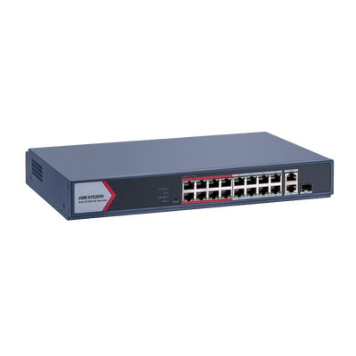 Switch PoE Hikvision - Switch Monitoreable 16 Puertos PoE 802.3AF - AT - Modo Extendido 300 mts - 1 Puerto UPLlink - DS-