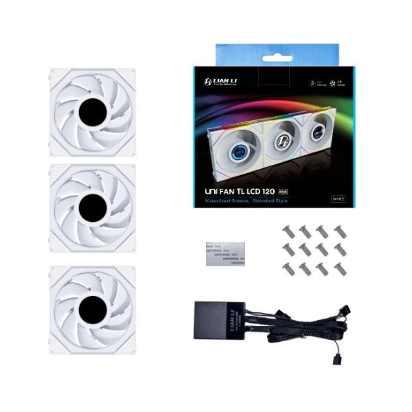 Fan-Cooler-Lian-Li-UNI-FAN-TL-LCD-FLEX-Fluid-Dynamic-Bearing-120mm-Blanco-RGB-3-Pack