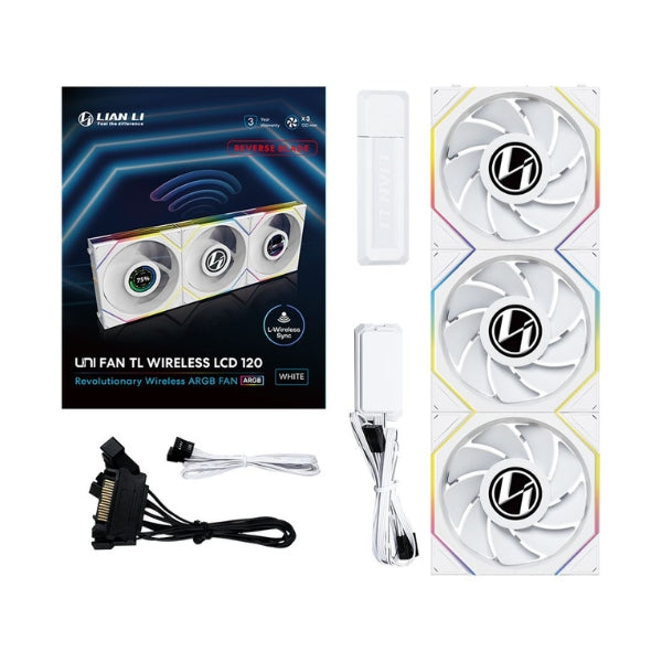Fan-Cooler-Lian-Li-UNI-FAN-TL120-V2-LCD-Reverse-Blade-Wireless-Fluid-Dynamic-Bearing-120mm-Blanco-RGB-3-Pack