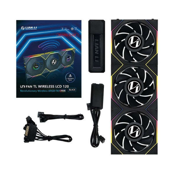 Fan-Cooler-Lian-Li-UNI-FAN-TL120-V2-LCD-Reverse-Blade-Wireless-Fluid-Dynamic-Bearing-120mm-Negro-RGB-3-Pack