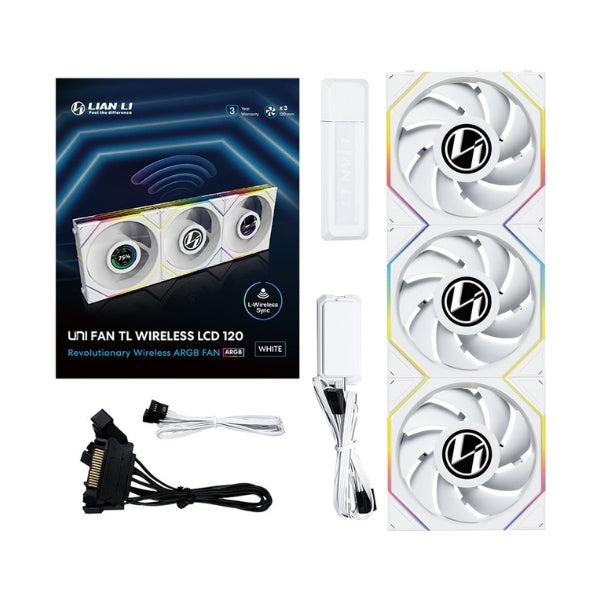 Fan-Cooler-Lian-Li-UNI-FAN-TL120-V2-LCD-Wireless-Fluid-Dynamic-Bearing-120mm-Blanco-RGB-3-Pack