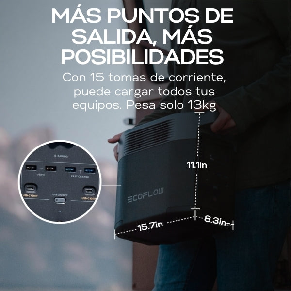 Generador - Energía - EF - ECOFLOW - DELTA 2 - 1024Wh - 120V - 1800W - LFP - Solar - Panel 220W - Expansible - EFD330 - Negro