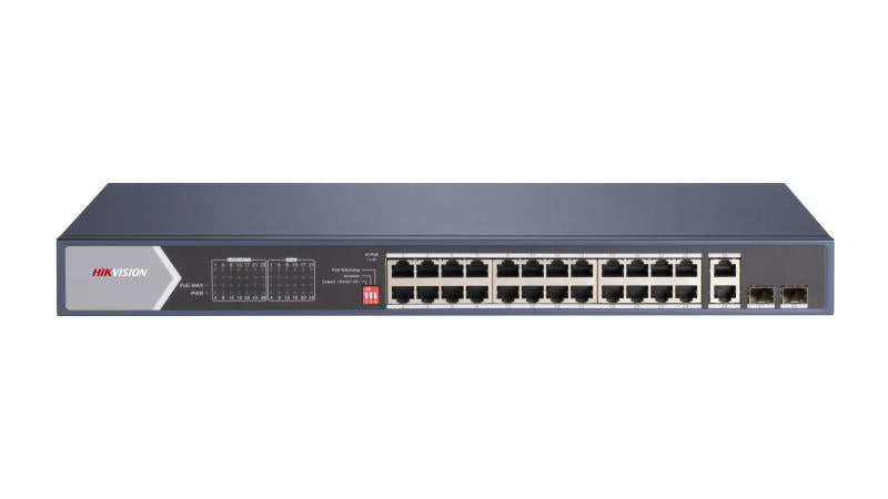 Switch PoE Hikvision - No administrable - 2 puertos RJ45 Gigabit - 2 puertos de fibra optica gigabit - DS-3E0528HP-E