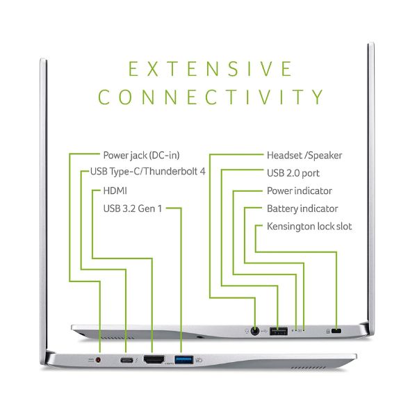 Laptop-Acer-Swif-Plateada-Frontal-viewpuertos