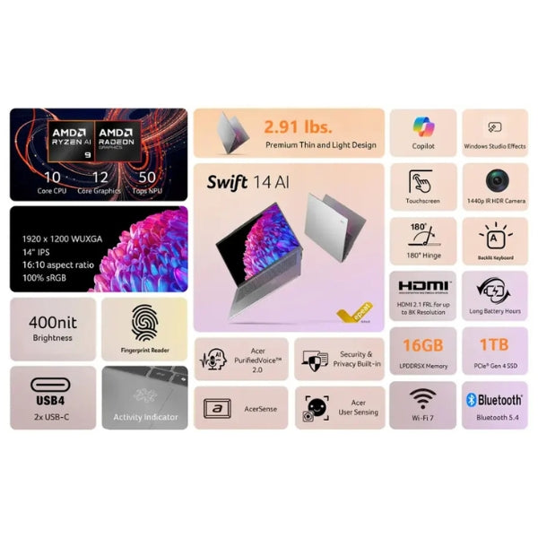 Laptop-Acer-Swift-14-AI-Touchscreen-AMD-Ryzen-AI-9-Series-300-16GB-RAM-1TB-SSD-14-AMD-Radeon-880M-Pure-Silver