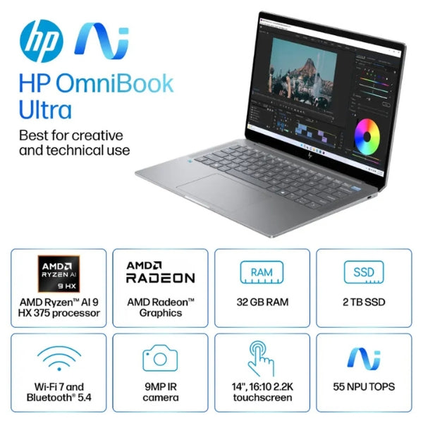 Laptop-HP-OmniBook-Ultra-Touchscreen-AMD-Ryzen-AI-9-Series-300-32GB-RAM-2TB-SSD-14-AMD-Radeon-Meteor-Silver
