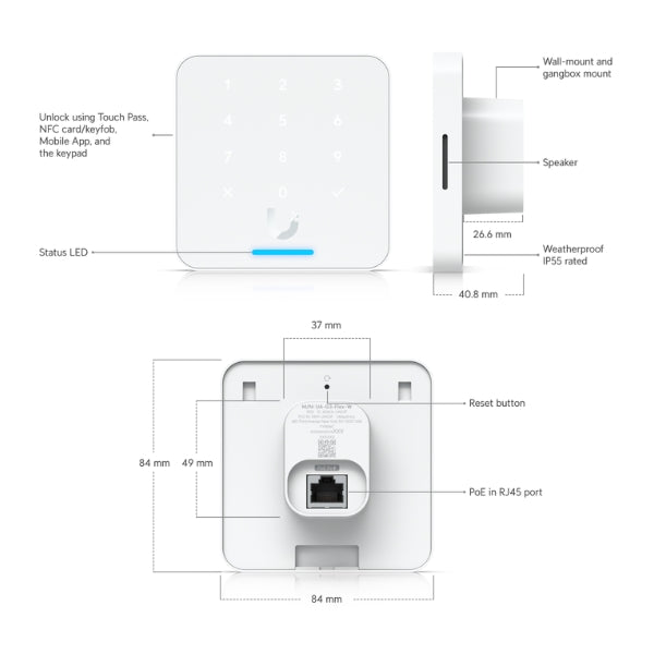 Lector-de-Acceso-Ubiquiti-UniFi-Reader-Flex-Blanco-IP55-NFC-PIN-PoE-para-Interior-Exterior