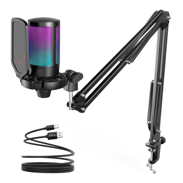 Microfono-FiFine-A6T-Condensador-USB-RGB-Cardioide-Kit-Completo-Con-Brazo
