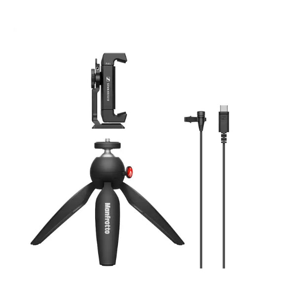 Micrófono-Sennheiser-XS-Lav-USB-C-Mobile-Kit-Omnidirectional-Clip-on-Microphone-with-Smartphone-Clamp-&-Manfrotto-PIXI-Mini-Tripod-Black
