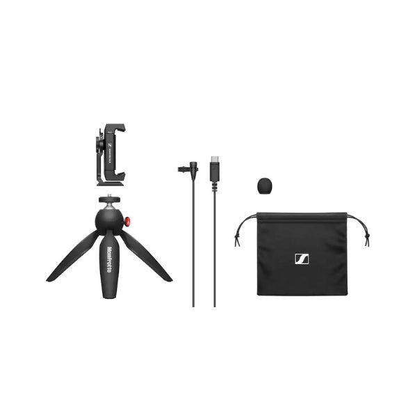 Micrófono-Sennheiser-XS-Lav-USB-C-Mobile-Kit-Omnidirectional-Clip-on-Microphone-with-Smartphone-Clamp-&-Manfrotto-PIXI-Mini-Tripod-Black