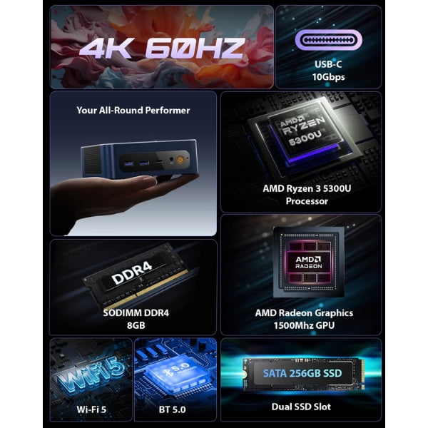 Mini PC Bosgame E5 11 Pro - AMD Ryzen 3 5300U - 8GB RAM - 256GB SSD - Triple Display HDMI - WiFi 5 - Bluetooth