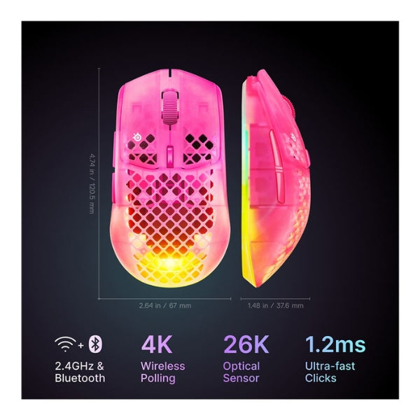 Mouse - Gaming - SteelSeries - Aerox - 3 - Wireless - Gen - 2 - Haze - Inalámbrico - Bluetooth - RF - RGB - TrueMove - 26K - 26000 - DPI - 4000Hz - 62716 - Rosado