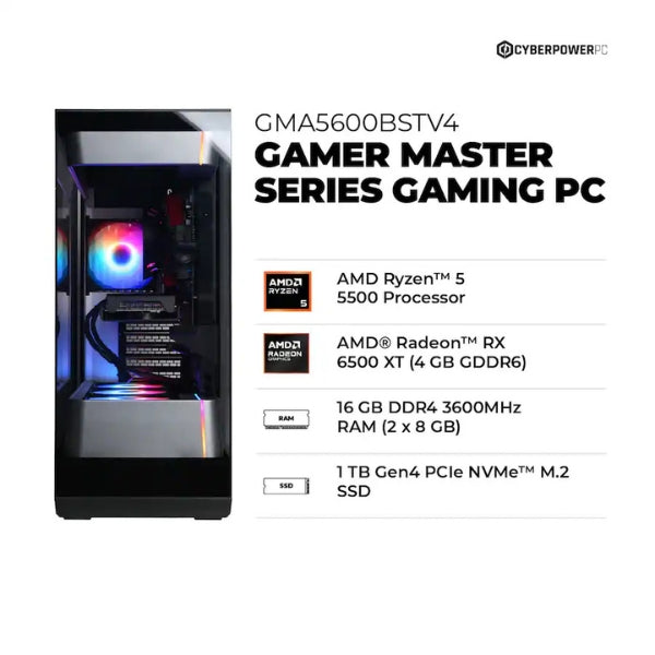 Pc-Gaming-CyberPowerPC-AMD-Ryzen-5-5500-(4,2-GHz)-16-GB-DDR4-1-TB-SSD-AMD-Radeon-RX-6500-XT-4-GB-600-W-Win-11-Home-Black