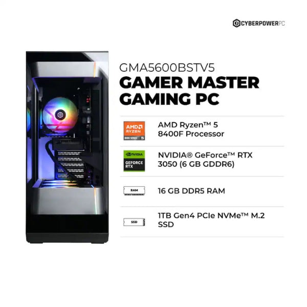 Pc-Gaming-CyberPowerPC-AMD-Ryzen-5-8400F-(4,7-GHz)-16-GB-DDR5-1-TB-SSD-NVIDIA-GeForce-RTX-3050-6GB-GDDR6-600-W-Win-11-Home-Black