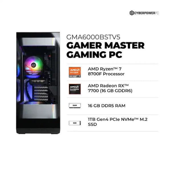 Pc-Gaming-CyberPowerPC-AMD-Ryzen-7-8700F-(5-GHz)-16-GB-DDR5-1-TB-SSD-AMD-Radeon-RX-7700-16GB-GDDR6-850-W-Win-11-Home-Black