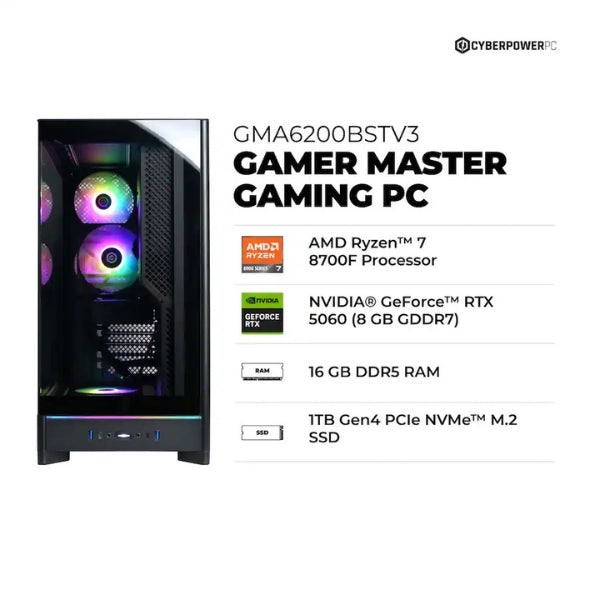 Pc-Gaming-CyberPowerPC-AMD-Ryzen-7-8700F-(5-GHz)-16-GB-DDR5-1-TB-SSD-NVIDIA-GeForce-RTX-5060-8GB-GDDR7-850-W-Win-11-Home-Black