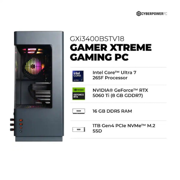Pc-Gaming-CyberPowerPC-Intel-Core-Ultra-7-265F-(5,3-GHz)-16-GB-DDR5-1-TB-SSD-NVIDIA-GeForce-RTX-5060-Ti-8GB-GDDR7-850-W-Win-11-Home-Gray