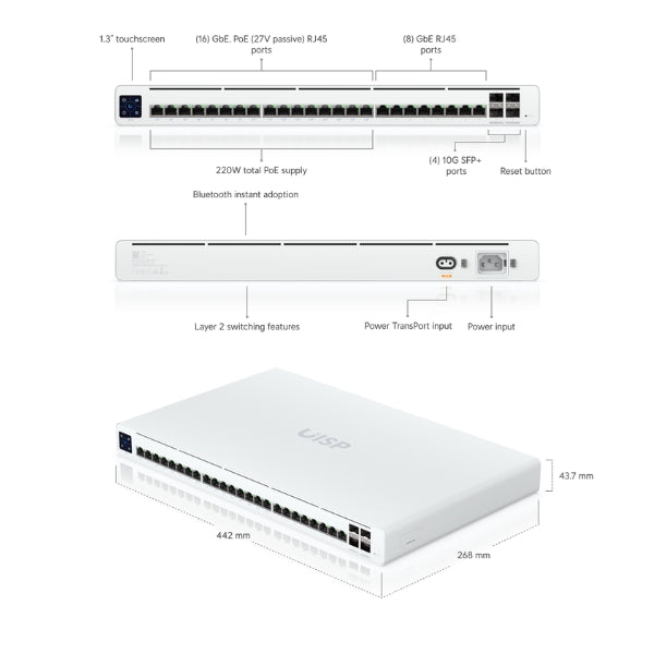 Switch-Ubiquiti-UISP-Professional-24-Puertos-GbE+4-SFP+10G-PoE-Pasivo-220W-LCM-NDAA