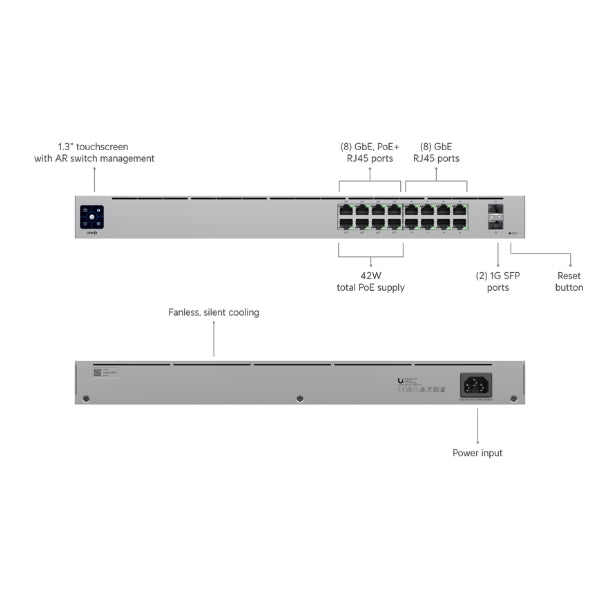 Switch-Ubiquiti-USW-16-POE-16-Puertos-Gigabit-8-PoE+2-SFP-Rack-1U-Gestión-Avanzada