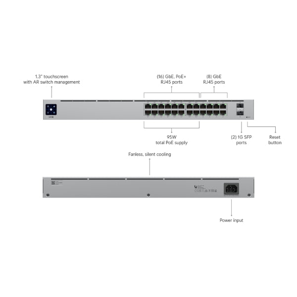 Switch-Ubiquiti-UniFi-USW-24-POE-24-Puertos-1GbE-(16 PoE+)+2 SFP-120WPoE-Rack-1U
