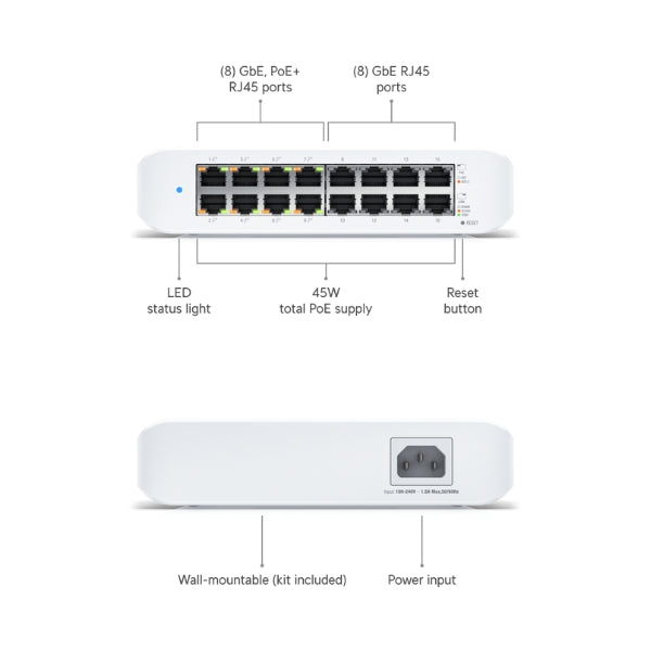 Switch-Ubiquiti-UniFi-USW-LITE-16-POE-16-Puertos-Gigabit-(8-PoE+)-60W-PoE-Conmutador-Gestionado-Lite