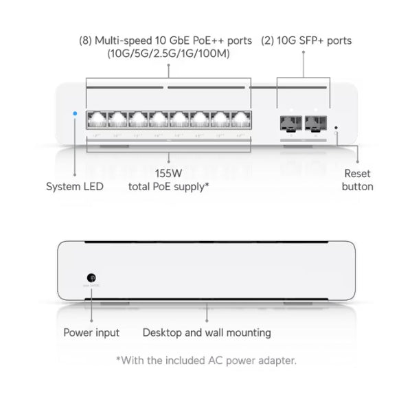 Switch-de-Red-Ubiquiti-Compacto-de-escritoriomontaje-en-pared,-8-puertos,-profesional,-Layer-3-Etherlighting™-PoE++-con-(8)-10-GbE-y-(2)-10G-SFP+-puertos