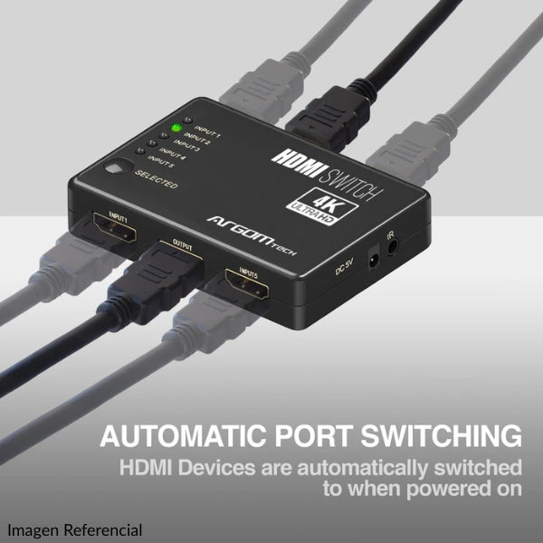 Switch HDMI - Argom ARG-AV-5125 - 5 Puertos - 4K 60Hz - Control Remoto IR - HDMI 2.0 - Negro