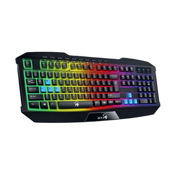 Teclado-Genius-Gaming-Scorpio-K215-retroiluminado-arco-iris-para-juegos-10-teclas-multimedia-resistente-a-derrames-diagonal