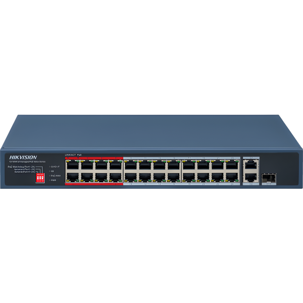 Switch PoE Hikvision - No Administrable - 24 Puertos 10 - 100 Mbps PoE+ - 1 Puerto Gigabit - DS-3E0326P-E/M(C)
