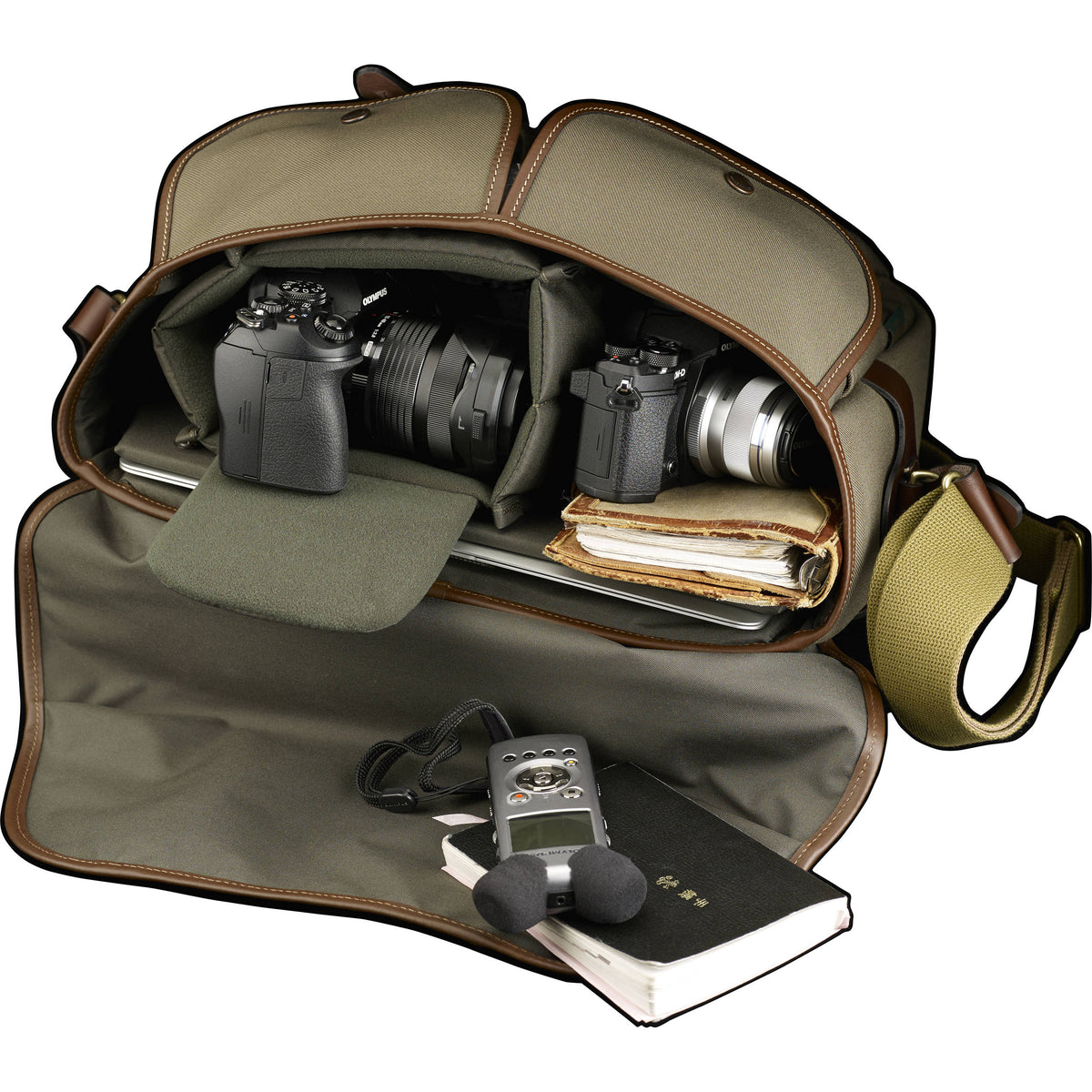 Bandolera Billingham Hadley One (Sage FibreNyte con Chocolate Leather) - vista frontal