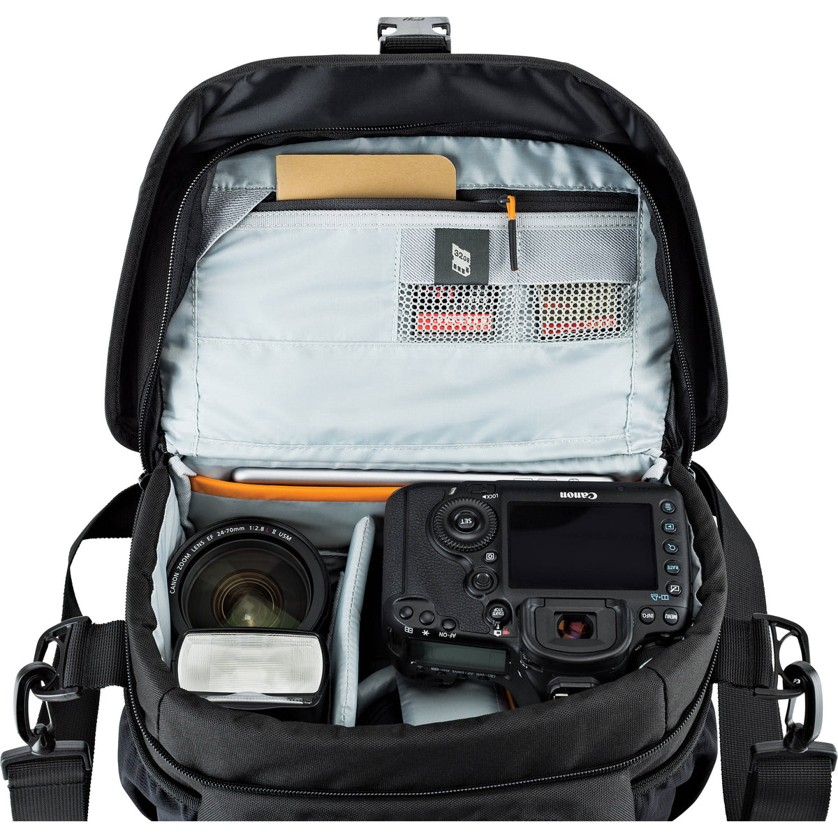 Bandolera Lowepro Nova 180 AW II (Negro) - puertos y conexiones