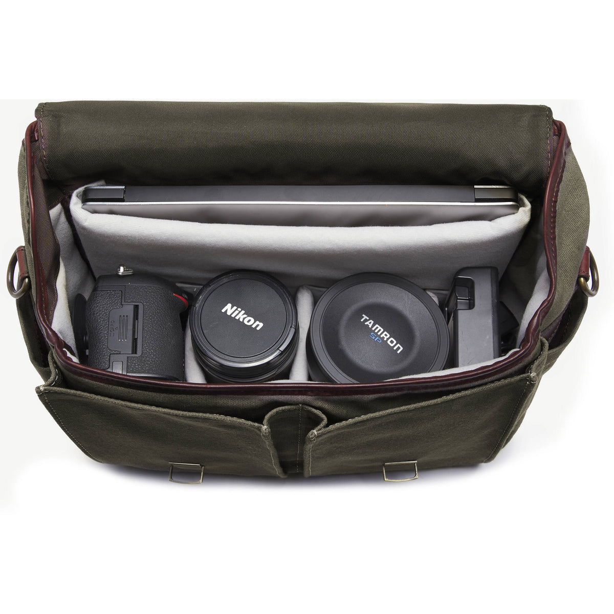 Bandolera ONA Brixton /Laptop Messenger (Verde oliva Canvas) - contenido de la caja
