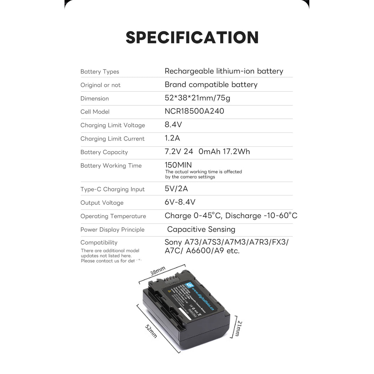 Batería DigitalFoto Solution Limited NP-FZ100-Type con USB-C Charging Port (2400mAh) - detalle