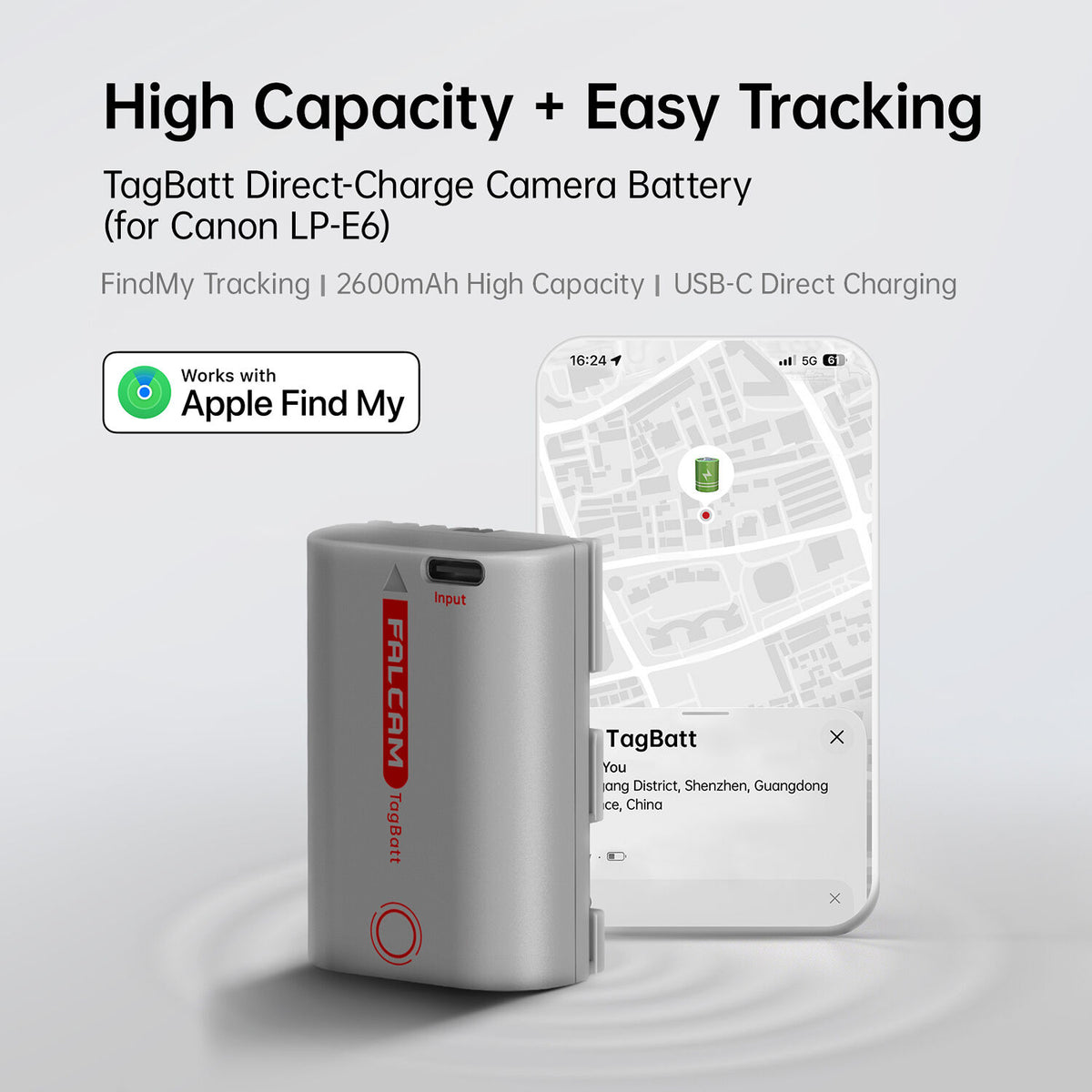 Batería Falcam TagBatt Direct-Charge LP-E6 (2600mAh) - vista frontal