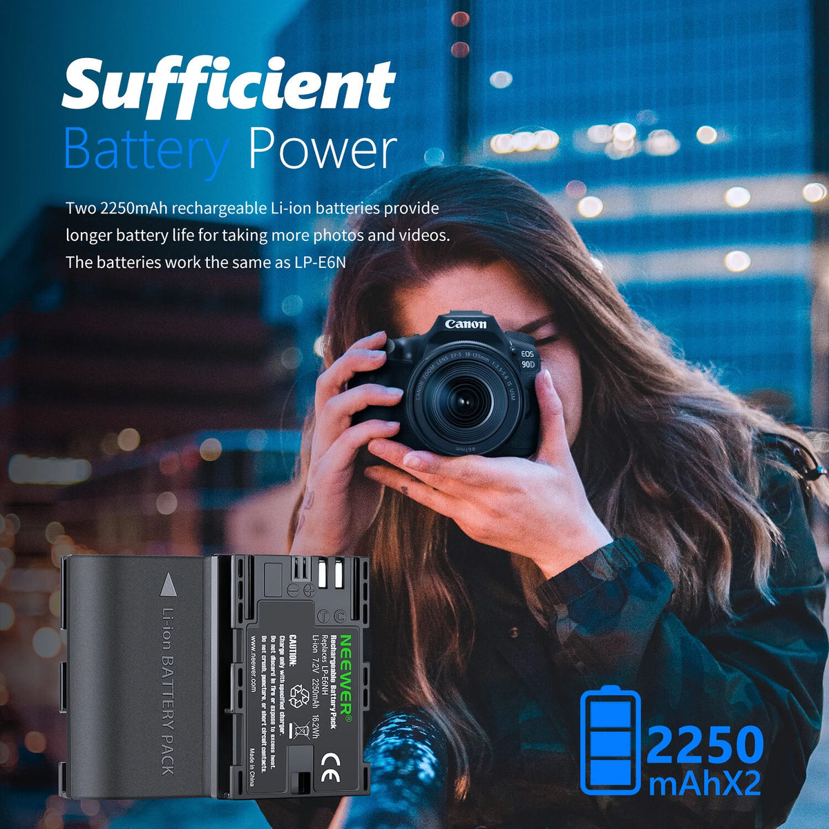 Batería Neewer doble USB cargador con LCD & 2 LP-E6NH 2250mAh - detalle