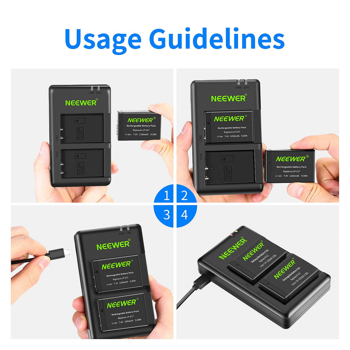 Batería Neewer LP-E17 2-unidades con doble USB cargador (1250mAh) - vista lateral