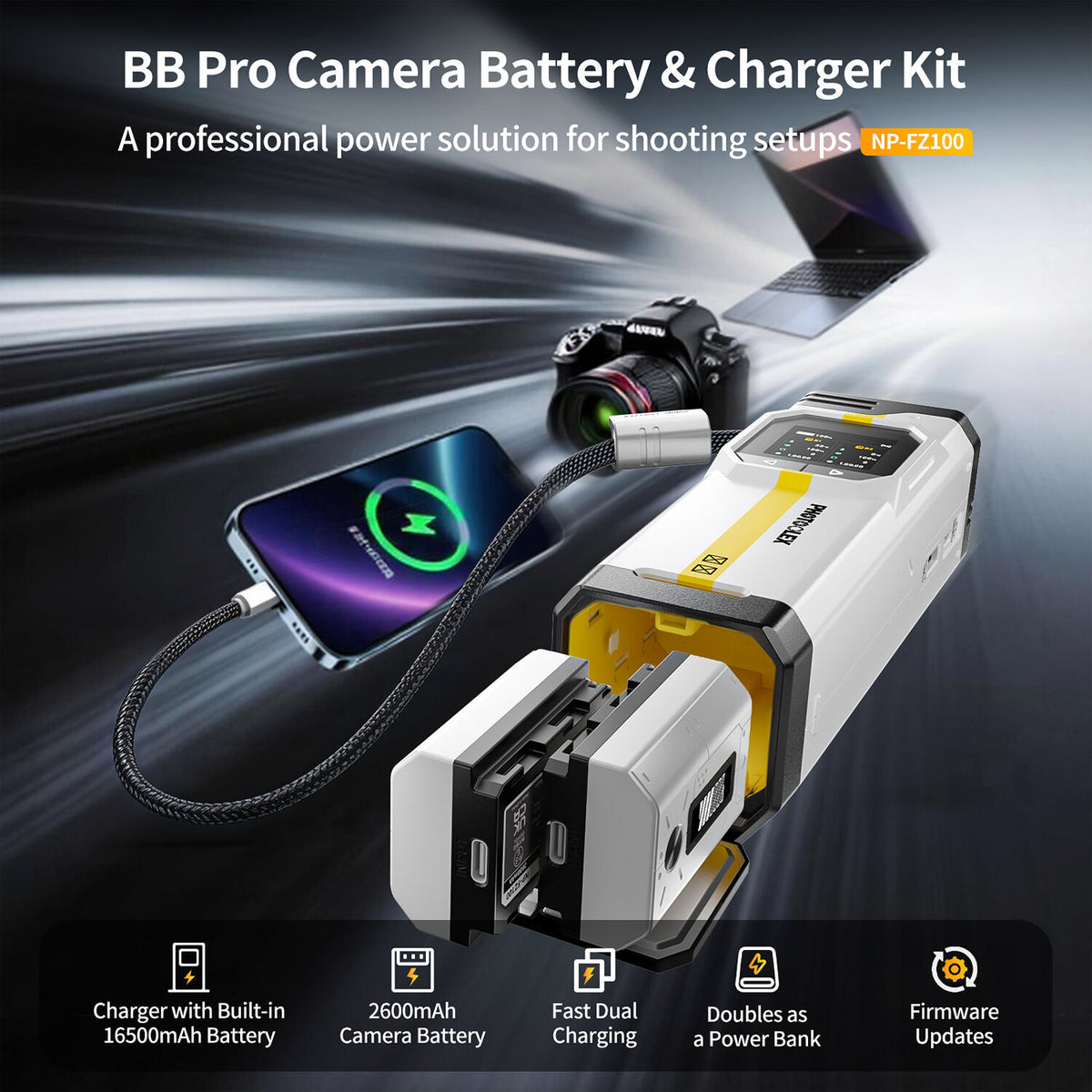Batería PHOTOOLEX BB Pro portátil cargador y NP-FZ100 kit - vista trasera