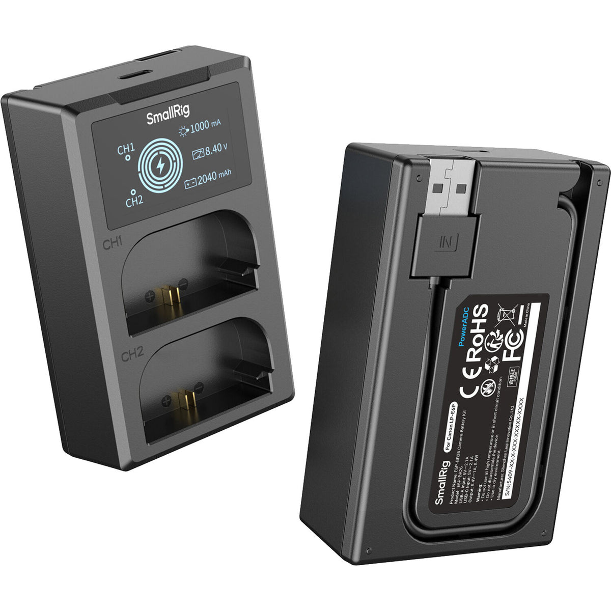 Batería SmallRig E6P-BR26 kit con 2 y 2-bahías USB cargador + Intelligent Display kit - vista lateral