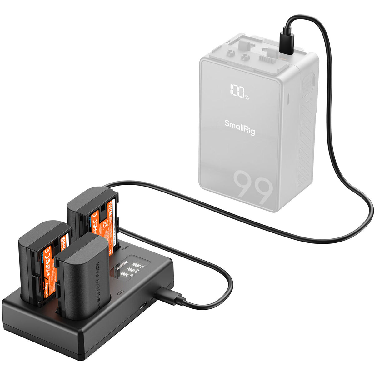 Batería SmallRig LP-E6NH kit con 3 y portátil 3-bahías cargador - puertos y conexiones
