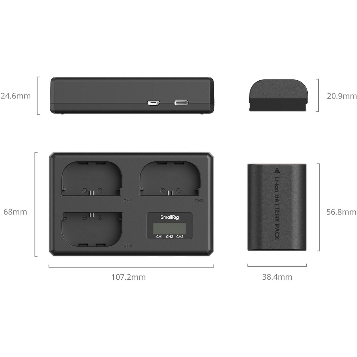 Batería SmallRig LP-E6NH kit con 3 y portátil 3-bahías cargador - detalle