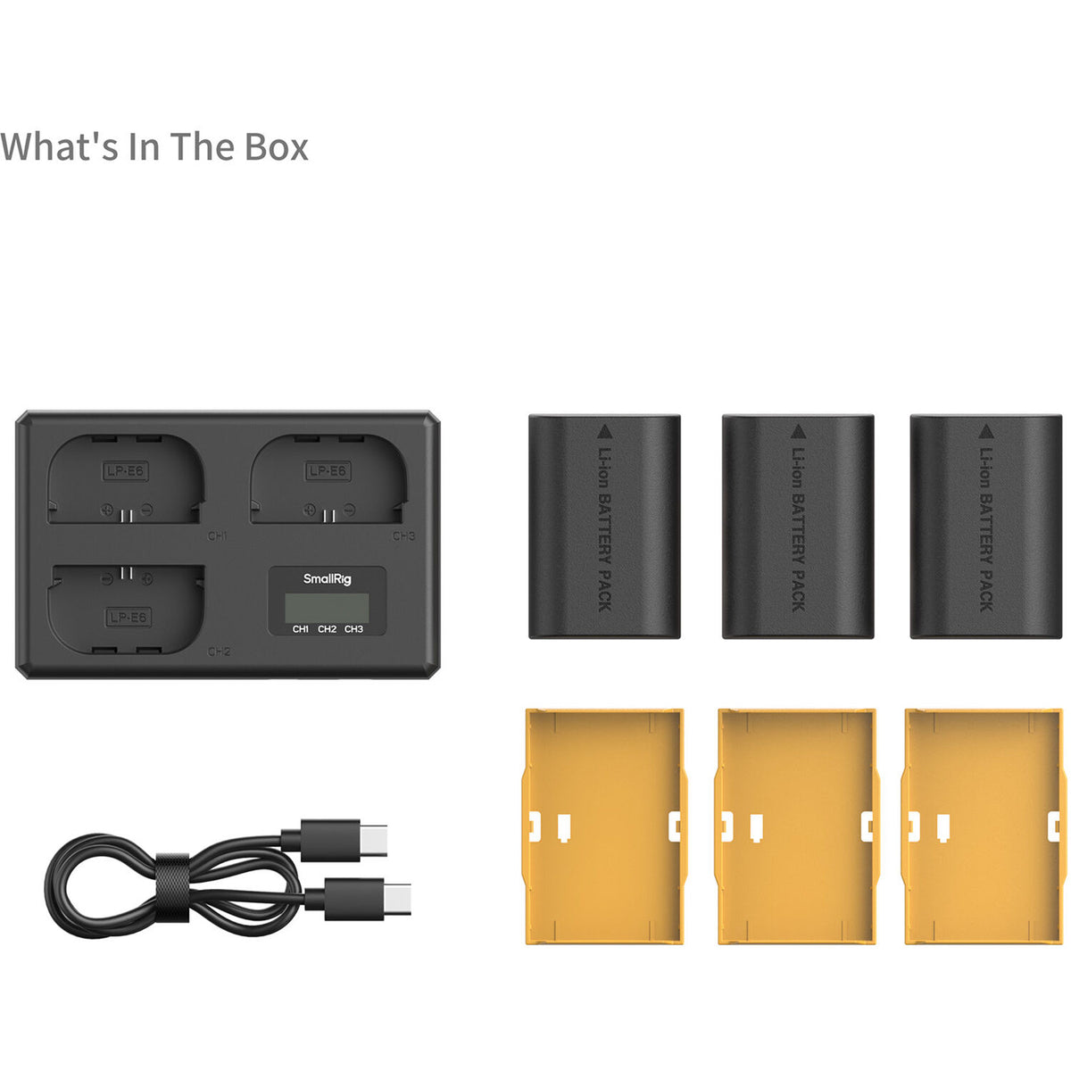 Batería SmallRig LP-E6NH kit con 3 y portátil 3-bahías cargador - contenido de la caja