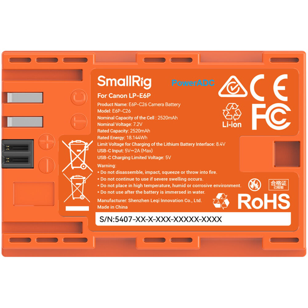 Batería SmallRig LP-E6P USB-C (2520mAh, Orange) - vista trasera