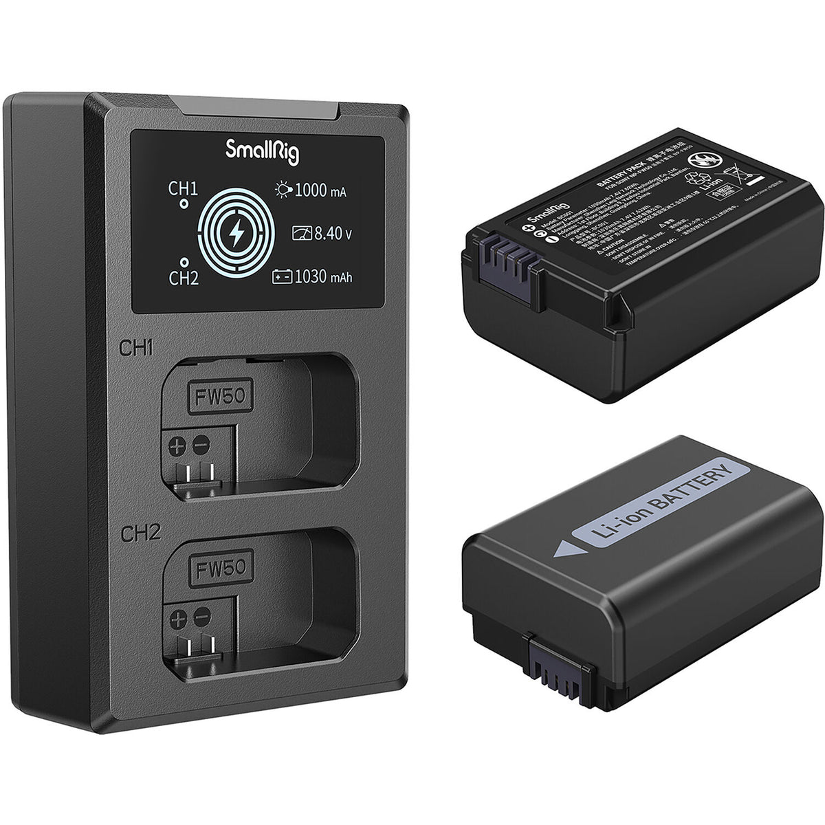Batería SmallRig NP-FW50 kit con 2 y 2-bahías USB cargador - vista frontal