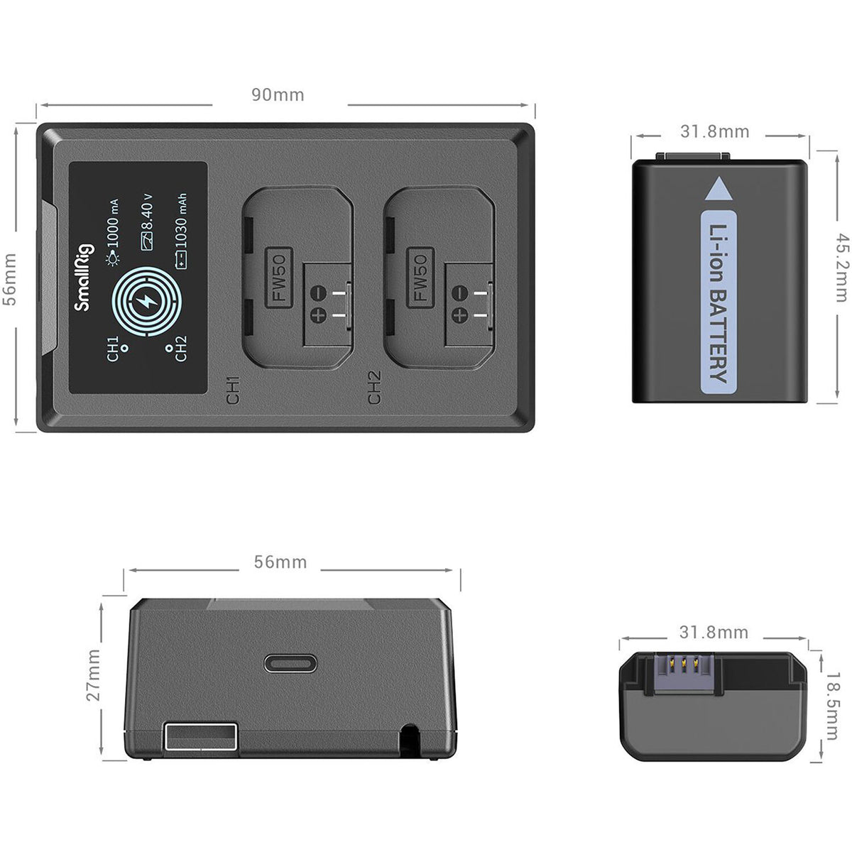 Batería SmallRig NP-FW50 kit con 2 y 2-bahías USB cargador - vista trasera
