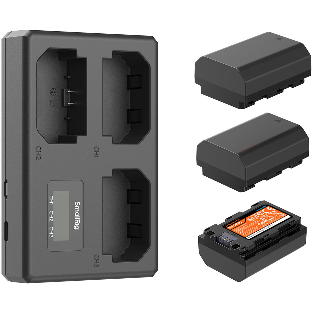 Batería SmallRig NP-FZ100 kit con 3 y portátil 3-bahías cargador - vista frontal
