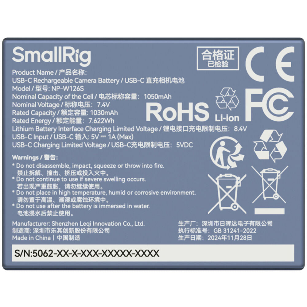 Batería SmallRig NP-W126S USB-C Camera (Azul) - vista frontal